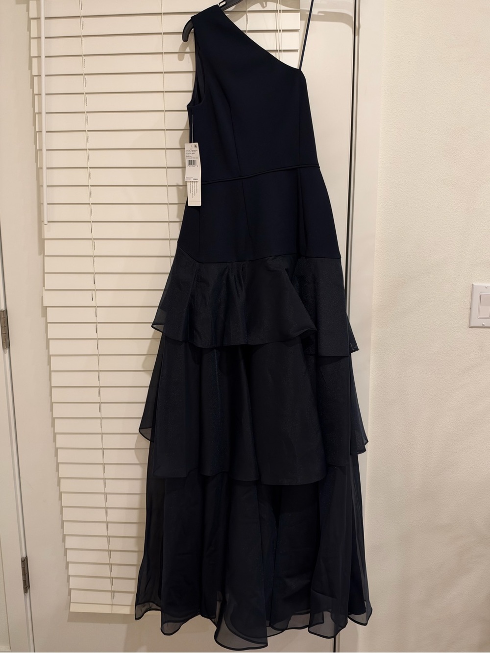 $395 NWT One-Shoulder Navy Tiered Evening Dress